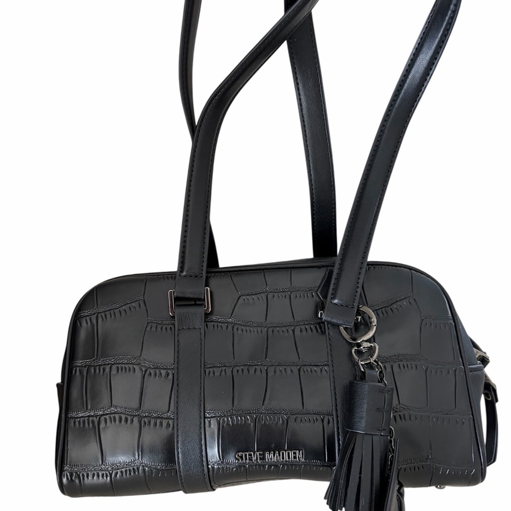RARE Steve Madden Black Croc-Pattern Shoulder Bag w/Tassel and Dog Charm